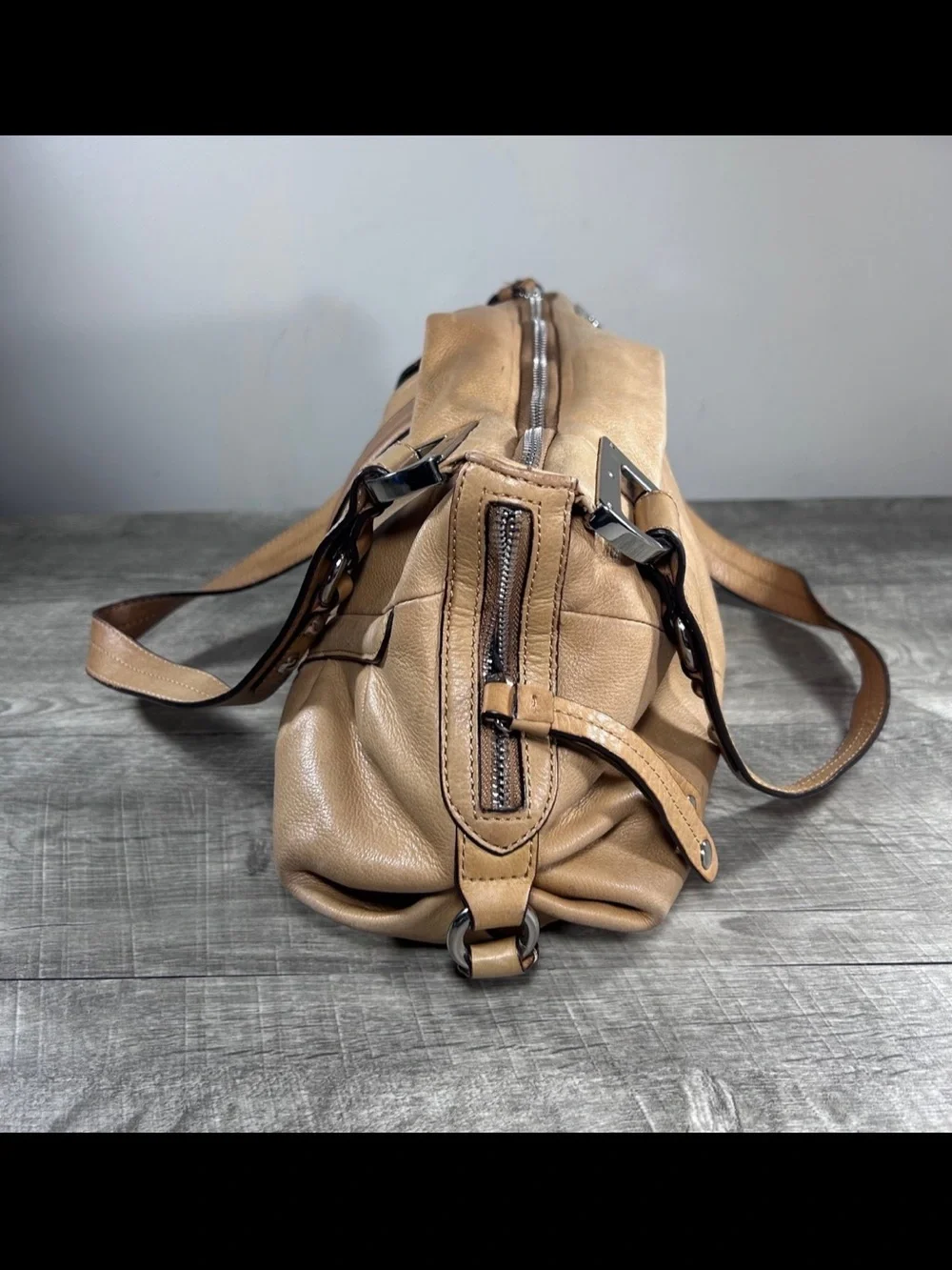 B. Makowsky Tan Glove Leather Double Handles Hobo Shoulder Satchel Bag Purse
